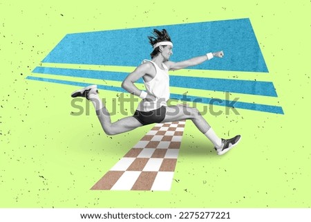 Photo banner minimal collage of active running sportsman wear headband competition finish line winner marathon isolated on green background