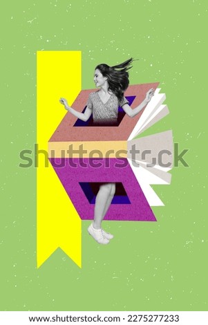 Vertical minimal collage photo of young addicted reader books girl academic inside absurd book page enjoy literature isolated on green background