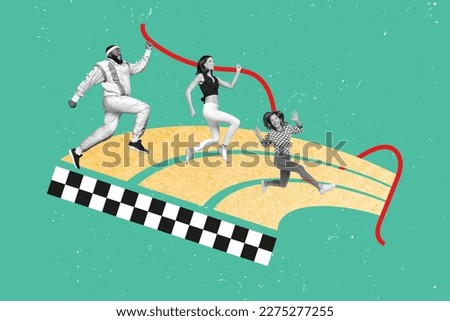 Creative composite collage photo of overjoyed competitive runners sport practice finish line three people marathon isolated on green background