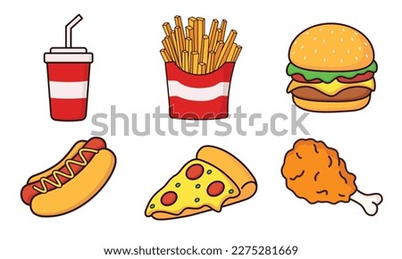 Fast food cartoon icon vector collection. Pizza, burger, chicken leg, hotdog, french fries, soda cup. Food and drink icon concept illustration Royalty-Free Stock Photo #2275281669