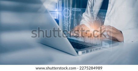 Medicine doctor hands with digital medical interface icons on blur background, Medical technology and healthcare laptop concept.