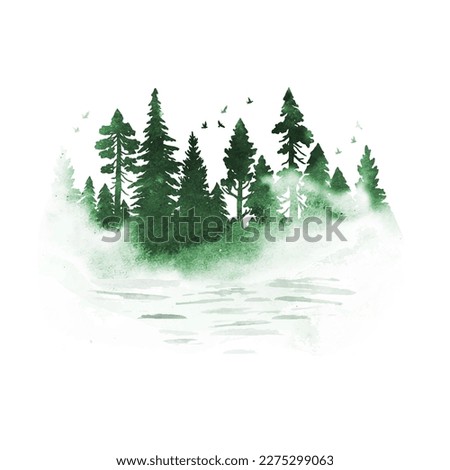 Watercolor foggy coniferous forest with river in green colors. Vector silhouette of trees. Nature hand drawn illustration with splashes Royalty-Free Stock Photo #2275299063