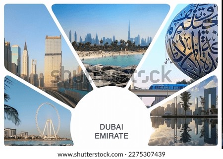 Photo collage from Dubai, United Arab Emirates. View of Business Bay, Bluewaters Island, Ferris Wheel, Museum of Future, Business Center. High quality photo