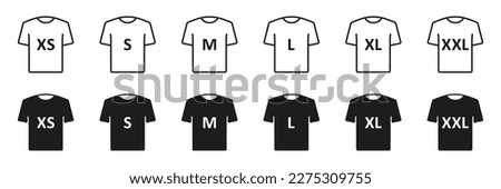 T-shirt Size Black Silhouette and Line Icons Set. Human Clothing Size Label. Man or Woman T-Shirt Size Tag. Isolated Vector Illustration.