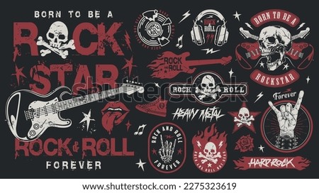 Rocknroll concert colorful set logotypes with bones and skulls near musical instruments for hard rock culture fans vector illustration Royalty-Free Stock Photo #2275323619