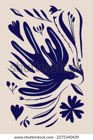 Botanical hand drawn ethno style ornament  with birds. Abstract trendy monochrome print. Fashionable vector template for your design. 