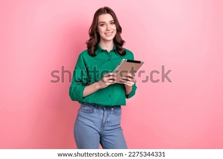 Photo of cheerful pretty corporate girl hold use tablet toothy smile isolated on pink color background Royalty-Free Stock Photo #2275344331