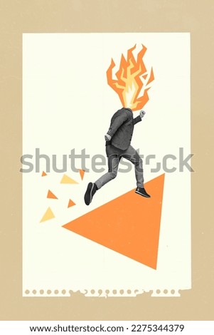 Vertical drawing collage image picture of funny guy have many work task hurry office meeting conference fire instead face