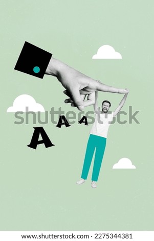 Vertical creative 3d collage picture image of crazy funky man hanging big human arm showing way direction isolated on painted background