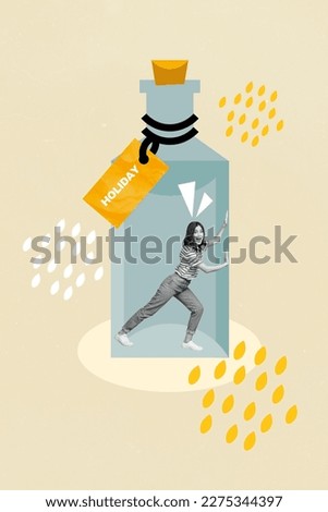 Creative 3d collage artwork picture image sketch of crazy funky girl inside big glass bottle want go out isolated on drawing background