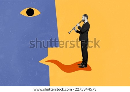 Creative abstract template collage of musician gentleman costume flutist hypnotist face draw head tongue control manipulate surrealism