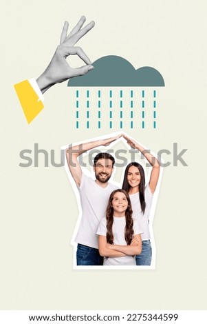 Vertical collage image picture sketch of funny positive family walk outside cover rain isolated on painted background