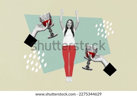Collage image picture sketch poster of overjoyed girl victory friday mood weekend cheers clink tasty wine isolated on drawing background Royalty-Free Stock Photo #2275344629