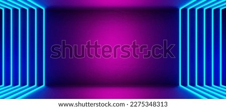 Dark empty room with pink and blue led lights on concrete wall and floor. Futuristic architecture interior space. Modern neon background with grunge texture.