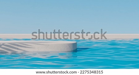 Stone podium stand in luxury blue pool water. Summer background of tropical design product placement display. Hotel resort poolside backdrop. Royalty-Free Stock Photo #2275348315
