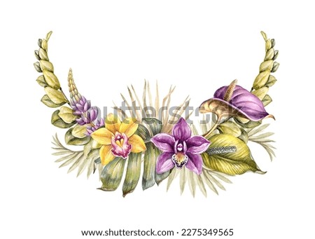 watercolor botanical illustration. Bohemian tropical flowers and palm leaves. Elegant floral arrangement. Paradise wildflowers clip art isolated on white background