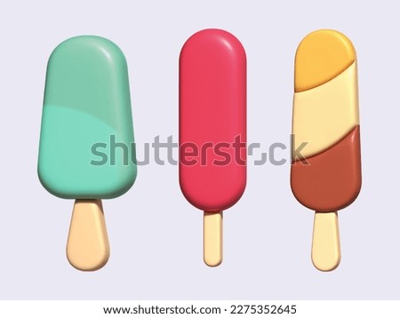 A set of delicious ice cream. Sweet summer treat with different flavors. Chocolate and popsicles. 3D illustration for web, design, banner. Dessert food clip art. 