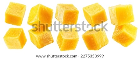 Mango cubes isolated on white background. File contains clipping path. Royalty-Free Stock Photo #2275353999