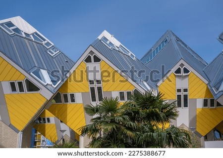 Yellow cubic houses in Rotterdam. The "kubuswoningen" in Rotterdam are a tourist attraction. Yellow cubic houses with a palm tree in front of them and a clear blue sky. Royalty-Free Stock Photo #2275388677