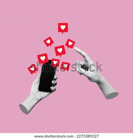 Female hand pointing to like symbols of social networks from mobile phone with black blank screen on pink color background. 3d trendy collage in magazine urban style. Contemporary art. Modern design