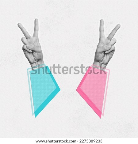 Two female statue's hands in sleeves showing a peace gesture isolated on white texture background. Trendy abstact collage in magazine urban style. 3d contemporary art. Modern design. Victory hand sign