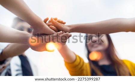 Panoramic Teamwork,empathy,partnership and Social connection in business join hand together concept.Hand of diverse people connecting.Power of volunteer charity work, Stack of people hand.  Royalty-Free Stock Photo #2275399287