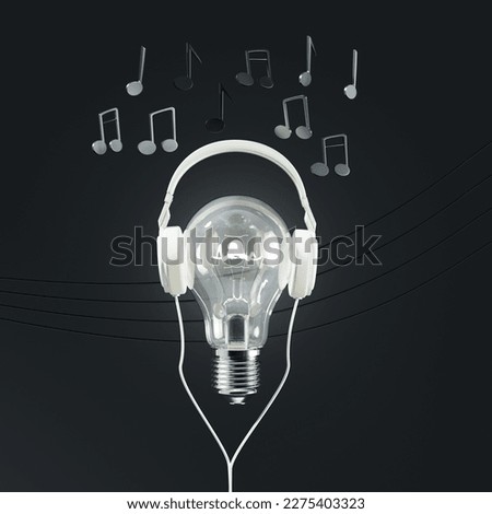 Closeup Lighting bulb Floating put on headphones isolate on black color background with line melody music note. Minimal idea concept. 3D Render.