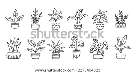 Interior flowers in pot. Indoor Home plants vector illustration set. Potted houseplant, line art hand drawing. Trendy decor doodle sketch botanical isolated elements collection. Gardening concept. Royalty-Free Stock Photo #2275404323