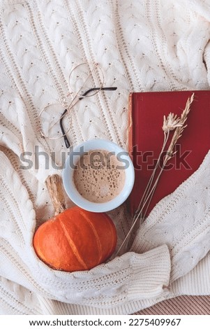 Autumn still life with a cup of hot chocolate, pumpkins, knitted blanket and autumn leaves on a white background Royalty-Free Stock Photo #2275409967