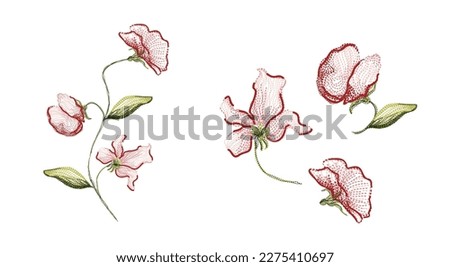 embroidered vector line flowers and leaves in red, pink and green colors on a white background Royalty-Free Stock Photo #2275410697