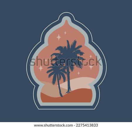 Collection of oriental style Islamic windows, palm trees, cactus and desert