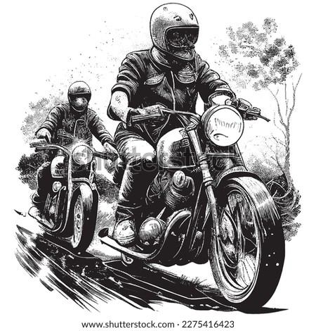 Hand Drawn Engraving Pen and Ink Bikers Riding a Motorcycle on the Road Vintage Vector Illustration Royalty-Free Stock Photo #2275416423
