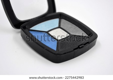Decorative women's cosmetics, elegant multi-color eye shadows with interesting mother-of-pearl. In a black plastic package, a painter of white, blue, gray black and blue colors 