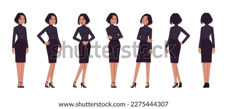 Business woman professional lady set, attractive woman standing poses. Office girl, female manager, classic black fit turtleneck, skirt. Vector flat style cartoon character isolated, white background