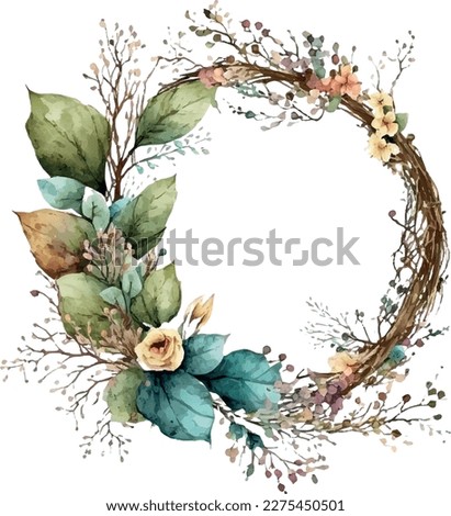 watercolor branches, spring flowers and leaves wreath in circle frame composition. Wedding design