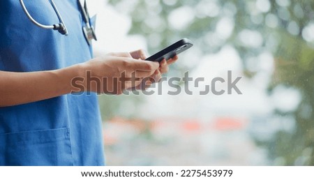 Hands of woman, smartphone and nurse in hospital for telehealth or online consultation. Healthcare, cellphone and physician with mobile phone for research, wellness app or checking medical email.