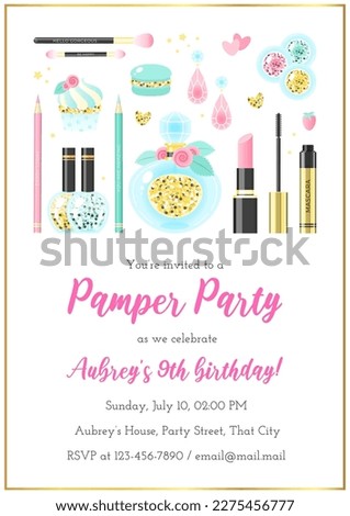 Pamper birthday party invitation template. Beautiful background of fashion objects drawn in cartoon style. Vector illustration 10 EPS. Royalty-Free Stock Photo #2275456777