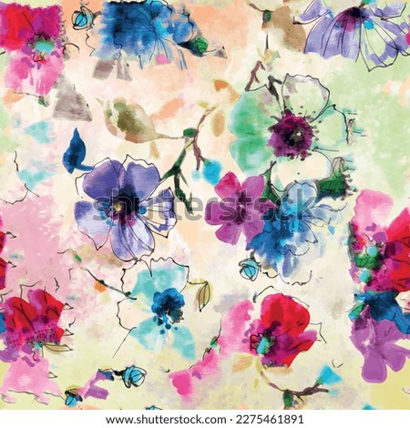 Colorful summer flowers seamless pattern designed with watercolor. Distressed abstract floral background and art design illustration