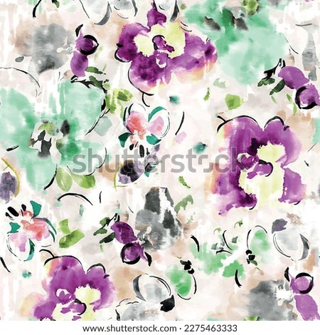 Seamless pattern of purple and green watercolor flowers. Grunge textured abstract floral design background. Flower garden hand drawing designed for textil printing