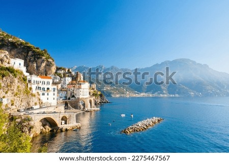 Stunning view over Atrani little town and beach on Amalfi coast in Italy Royalty-Free Stock Photo #2275467567