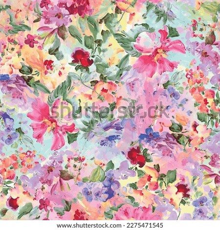 Seamless hand drawn floral pattern with colorful watercolor background. Abstract flowers background. Flower garden design and vector illustration for textile or print