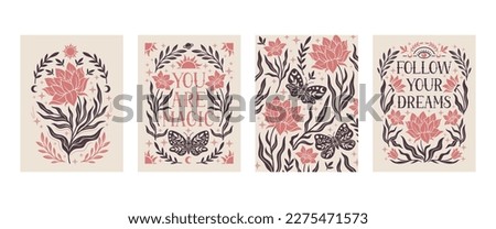 Boho posters set. Collection of bohemian postcards with positive quotes. Flowers and butterfly, plants and insects. Good vibes only. Cartoon flat vector illustrations isolated on white background Royalty-Free Stock Photo #2275471573