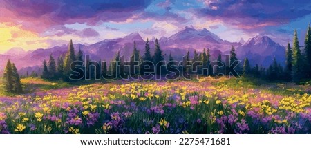 Panorama View of Spring Village with Green Meadow on Hills with Blue Sky, Vector Cartoon Spring or Summer Landscape, Panoramic Landscape Mountains with Wildflowers Wildflowers. spring background Royalty-Free Stock Photo #2275471681