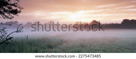 Misty sunrise over the farm. An picturesque farm scene covered in early morning mist.