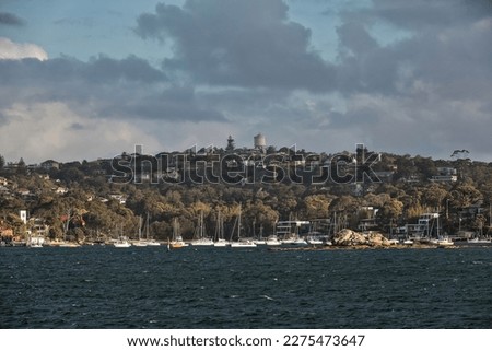 Luxury waterfront housing on the hillside of Vaucluse suburb harborside on South Head peninsula facing Port Jackson full of moored boats with Beach Paddock at the foot. Sydney Harbour-NSW-Australia. Royalty-Free Stock Photo #2275473647