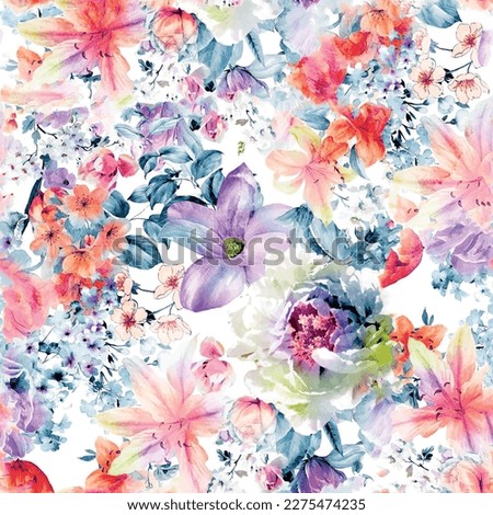 Seamless pattern of summer flowers drawn in orange and purple watercolor. abstract colorful...