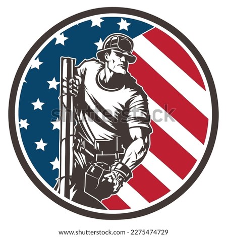 Icon retro style power lineman telephone repairman electrician worker circle  USA stars and stripes flag 