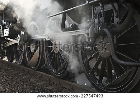 Steam locomotive rolling by close Royalty-Free Stock Photo #227547493