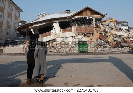Kahramanmaras earthquake, Hatay, collapsed house and street, general view Hatay center. Royalty-Free Stock Photo #2275481709