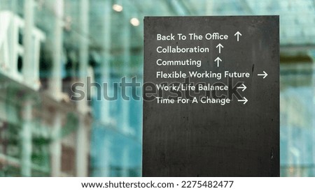 Working future choices on a black city-center sign in front of a modern office building	
